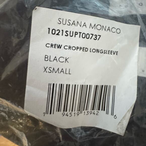 Susana Monaco Crewneck Cropped Long Sleeve Top Black NWT Size XS - Picture 7 of 7